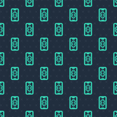 Green line Smartphone and playing in game icon isolated seamless pattern on blue background. Mobile gaming concept. Vector