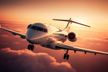 Naklejka na ściany i meble Private Jet Soaring Through a Stunning Sunset Sky. created with Generative AI