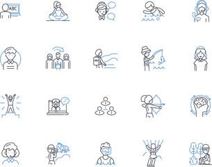 Youthful individuals line icons collection. Energetic, Dynamic, Vibrant, Ambitious, Inspired, Creative, Adventurous vector and linear illustration. Passionate,Determined,Fearless outline signs set