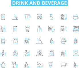 Drink and beverage linear icons set. Soda, Tea, Coffee, Juice, Smoothie, Milk, Water line vector and concept signs. Beer,Wine,Whiskey outline illustrations