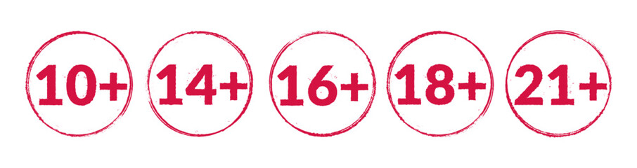 Age limit red stamp icon vector set. Year plus sign. Notification symbol, underage restriction, attention number, warning sticker, color circle stencil. Grunge label. Adult kids round mark