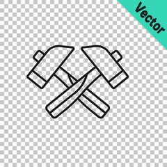 Black line Crossed hammer icon isolated on transparent background. Tool for repair. Vector