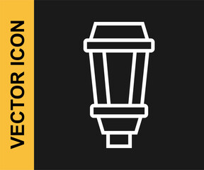 White line Garden light lamp icon isolated on black background. Solar powered lamp. Lantern. Street lamp. Vector