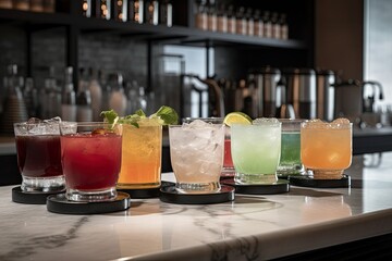 Alcoholic cocktail row on bar counter. Generative AI