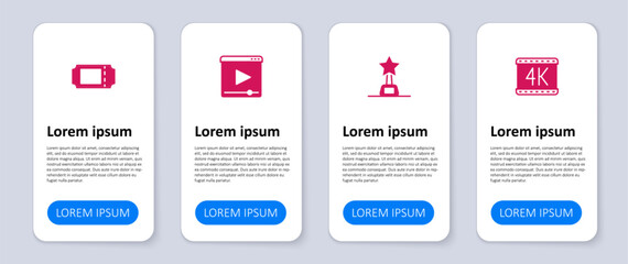 Set 4k movie, Movie trophy, Online play video and Cinema ticket. Business infographic template. Vector