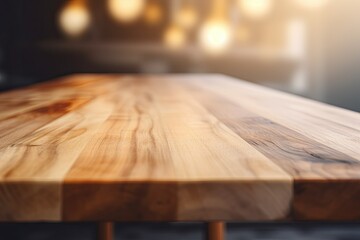 Empty old wooden table close up with blur background. Generative AI
