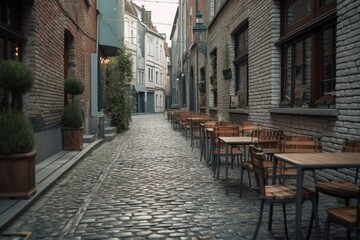 Fototapeta na wymiar Restaurant and outdoor tables on vintage european street. Generative AI