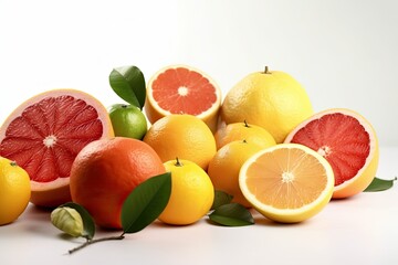 Naklejka na ściany i meble Isolated citrus fruits. Pieces of pink grapefruit and orange isolated on white background. Generative AI