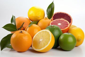 Variety of citrus fruits. Orange, lime, lemon, sicilian orange isolated on white background. Generative AI