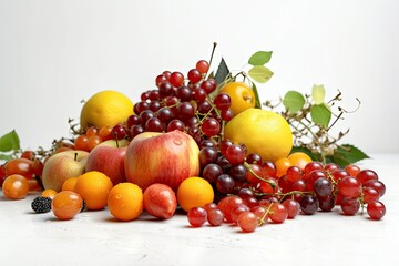 Mix of seasonal European fruits and berries on a white background. Generative AI