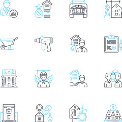 Town expansion linear icons set. Growth, Development, Urbanization, Expansion, Progress, Transformation, Revitalization line vector and concept signs. Modernization,Infrastructure,Planning outline