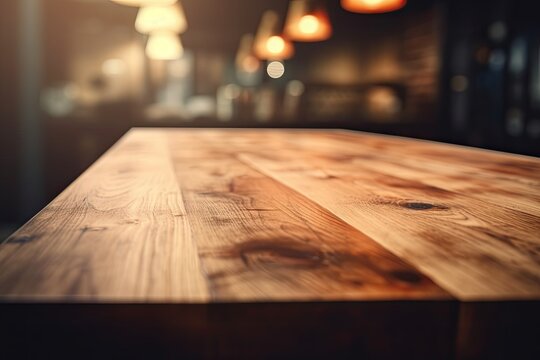 Large empty wooden table on a dark background of a restaurant or cafe. Generative AI