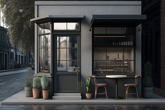 Concept of a small street cafe on the corner of the house. Generative AI