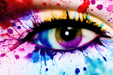 Human eye close up with colorful paint, ink splashes and drips, Generative AI,