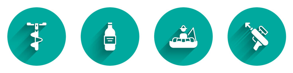 Set Hand ice drill, Bottle of vodka, Fisherman in boat and Fishing harpoon icon with long shadow. Vector