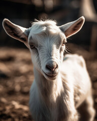 Portrait of a white goat on the farm. Close-up.