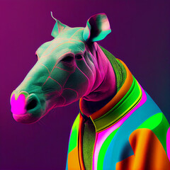 Realistic lifelike tapir in fluorescent electric highlighters ultra-bright neon outfits, commercial, editorial advertisement, surreal surrealism. 80s Era comeback - obrazy, fototapety, plakaty