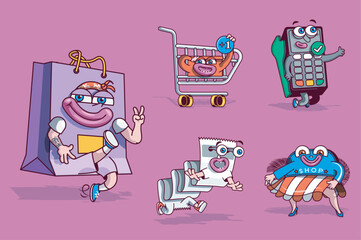 Shopping concept with 3d cute cartoon characters set. Funny avatars of bag, supermarket cart, check for paying, cashless payment terminal and shop. Vector illustration with comic mascots design