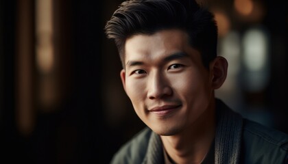 Obraz premium Smiling asian man looking at camera. Generative AI