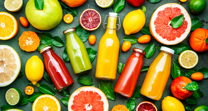 Summer drinks. Citrus fruit juices, fresh and smoothies, food background, top view. Mix of different whole and cut fruits: orange, grapefruit, lime, tangerine with leaves and bottles with drinks