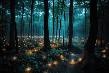 Magic fairy tale forest at night. Fantasy forest with glowing lights. Created with Generative AI