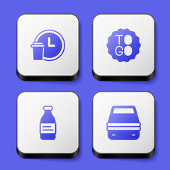 Set Round the clock delivery, Coffee cup to go, Bottle water and Lunch box icon. White square button. Vector