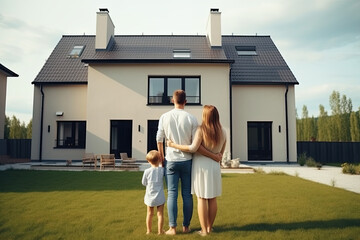 Man and woman dream of buying new house. Happy family stands in front of their new home. Real estate purchasing. Created with Generative AI - obrazy, fototapety, plakaty