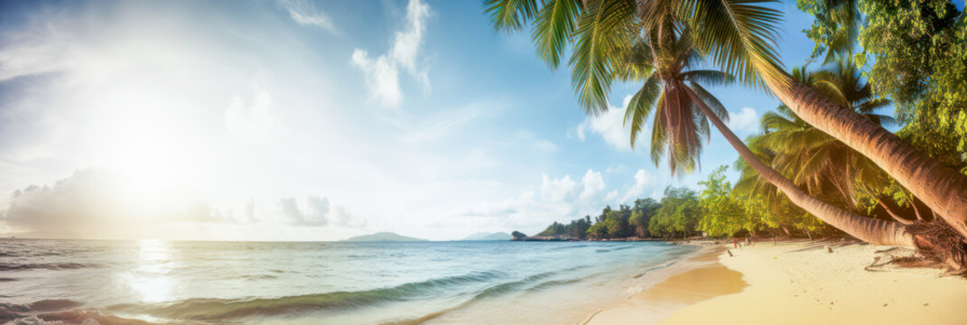 Tropical beach panorama with palm trees. Generative AI.