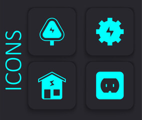 Set Electrical outlet, High voltage, Gear and lightning and Smart home icon. Black square button. Vector