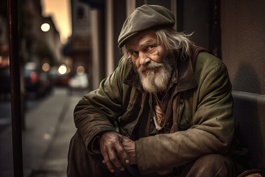 Portrait of homeless man, close up. Tramp on city street. Bearded, wrinkled man. Social inequality. Created with Generative AI