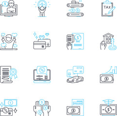 Accounting services linear icons set. Bookkeeping, Taxation, Payroll, Auditing, Financial statements, Invoicing, Budgeting line vector and concept signs. Cost accounting,Valuation,Compliance outline