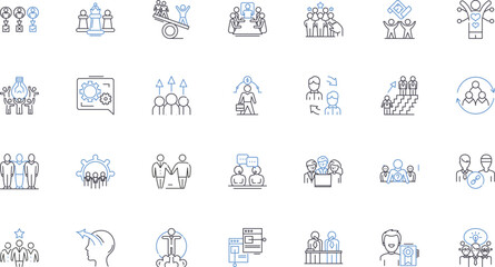 Sales training line icons collection. Prospecting, Negotiation, Pitching, Closing, Objection-handling, Pipeline, Follow-up vector and linear illustration. Referral,Productivity,Time-management outline