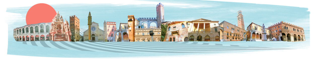 Verona colorful tourist landmarks postcard without label, Veneto region of Italy