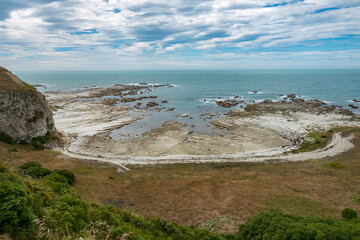 Spectacular coastal landscapes in Kaikoura on the east coast of the South Island of New Zealand. The rocky shores was created by an earthquake uplift in 2016