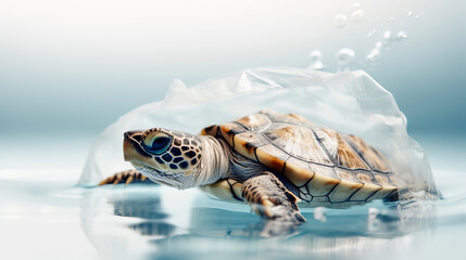 Turtle in plastic bag. Platic pollution problem. Environment concept. Protect turtles. Generative AI illustration
