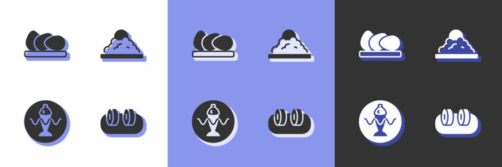 Set Sushi, Chicken egg, Served fish on a plate and Rice in bowl icon. Vector