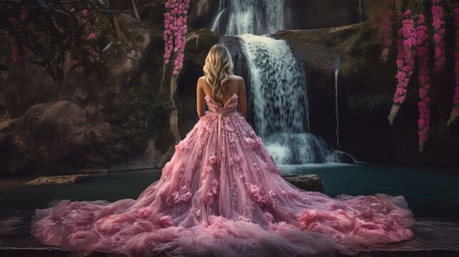 beautiful woman wearing pink bridal gawn standing at waterfall at middle forest, Generative Ai