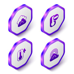 Set Isometric Cloud, Thermometer, and Rainbow with cloud icon. Purple hexagon button. Vector