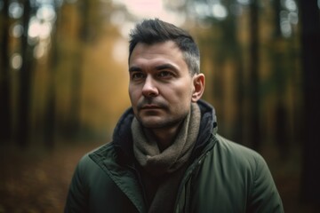 Portrait of a young man in the autumn forest. A man in a green jacket and scarf.