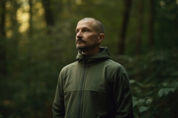 Portrait of a bearded man in a green jacket in the forest