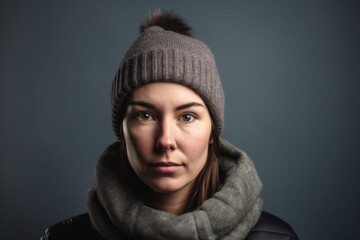 Portrait of a young woman in a cap and scarf on a gray background