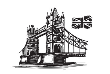 Tower bridge, London, sketch, hand drawn style.