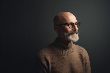 Obraz premium Portrait of a senior bald man in glasses on a dark background.