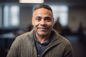 Fototapeta premium Portrait of mature businessman smiling at camera while standing in creative office