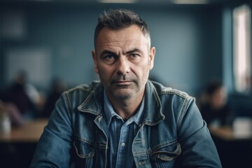 Portrait of a middle-aged man in a denim jacket in a cafe