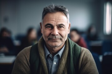Portrait of mature man sitting in lecture hall, looking at camera.