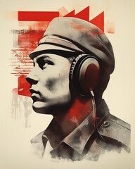 Patriotic style propaganda poster art from Soviet era, showcasing heroic socialist figures. - obrazy, fototapety, plakaty