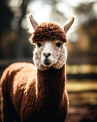 Portrait of an alpaca looking at camera in a farm
