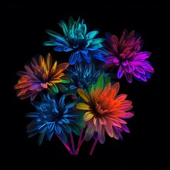 colorful neon flowers on black background