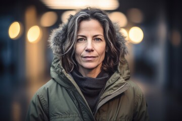 Portrait of a beautiful middle aged woman in winter jacket on blurred background
